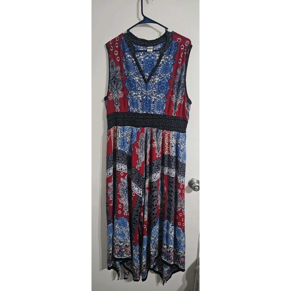 Bila Women's Hankerchief Paisley Maxi Dress 2X Red Blue Boho Gipsy Romantic